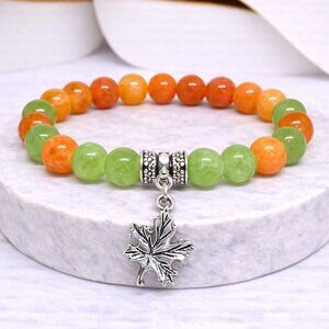 Green Peridot & Orange Chalcedony Stone Charm Bracelet 8mm Beads Crystal Jewelry